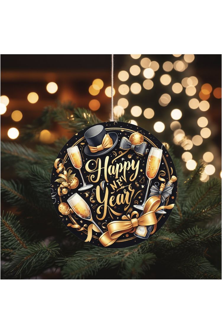 Shop For Happy New Year Top Hat Round Sign - Wreath Enhancement