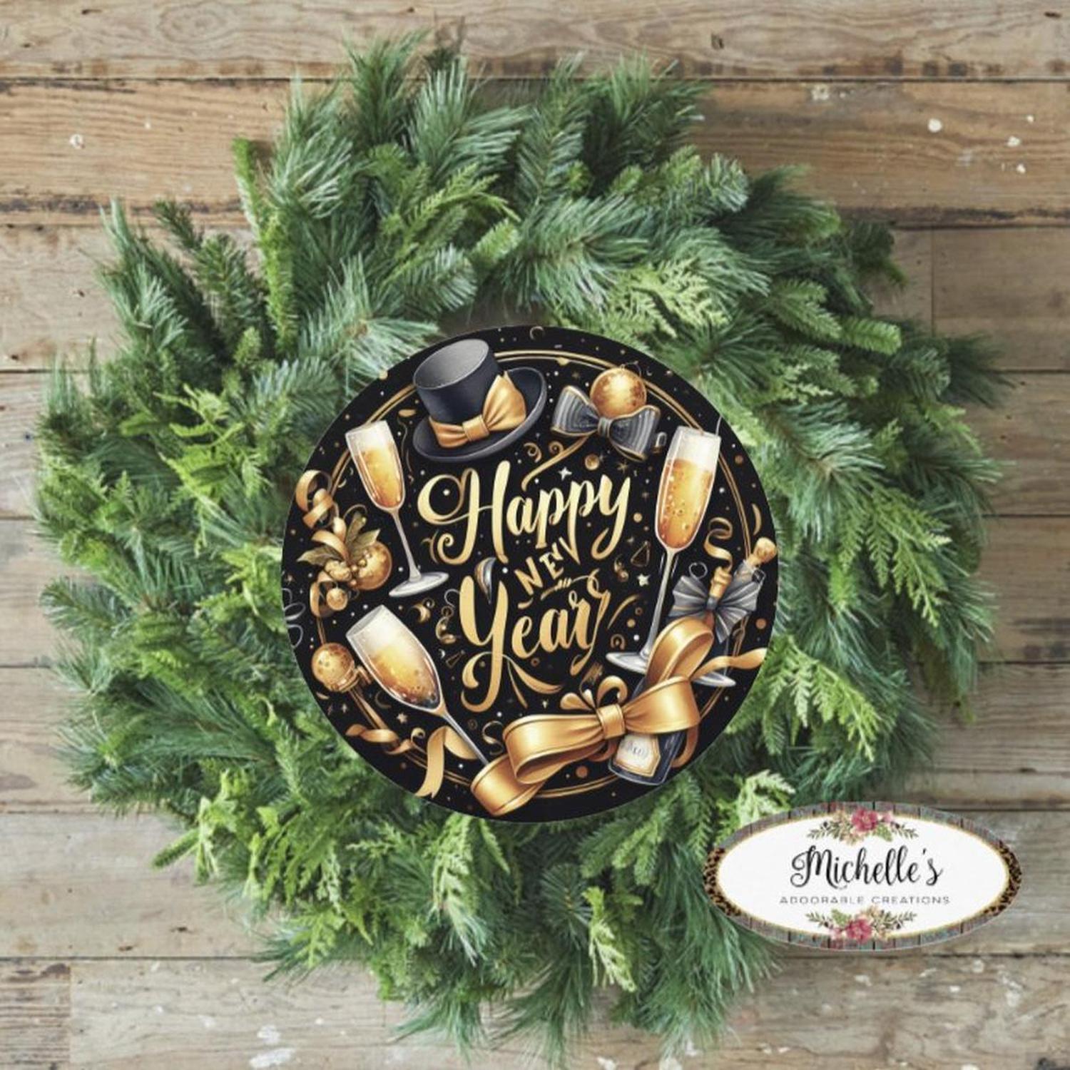 Shop For Happy New Year Top Hat Round Sign - Wreath Enhancement at Michelle's aDOORable Creations