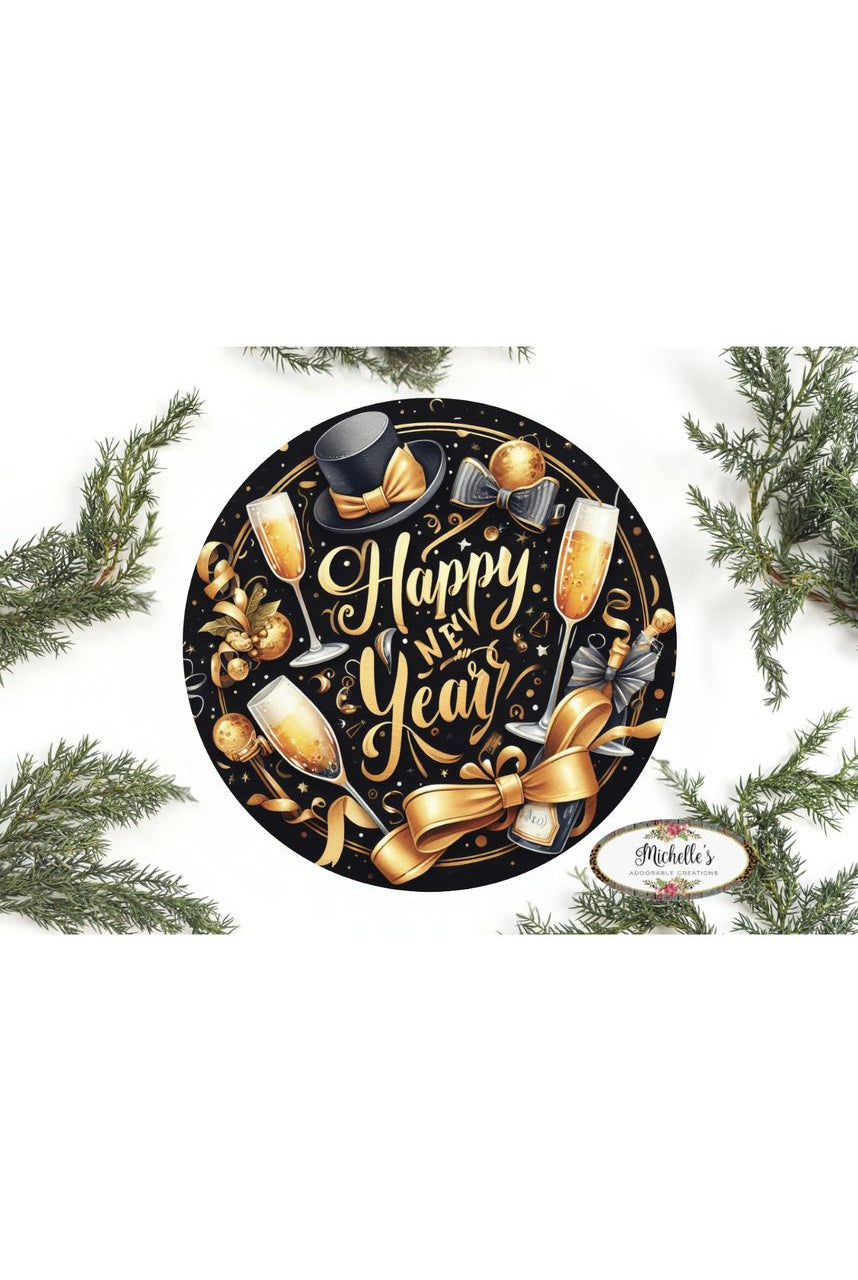 Happy New Year Top Hat Round Sign - Wreath Enhancement - Michelle's aDOORable Creations - Signature Signs