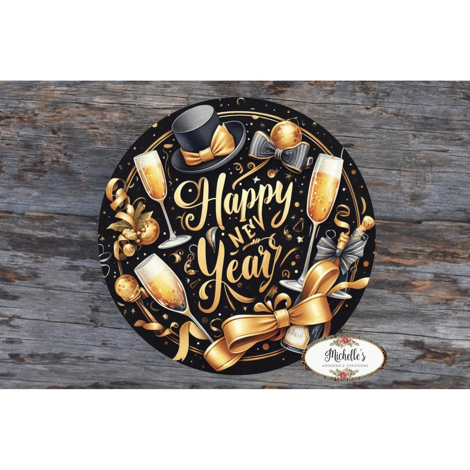Shop For Happy New Year Top Hat Round Sign - Wreath Enhancement at Michelle's aDOORable Creations