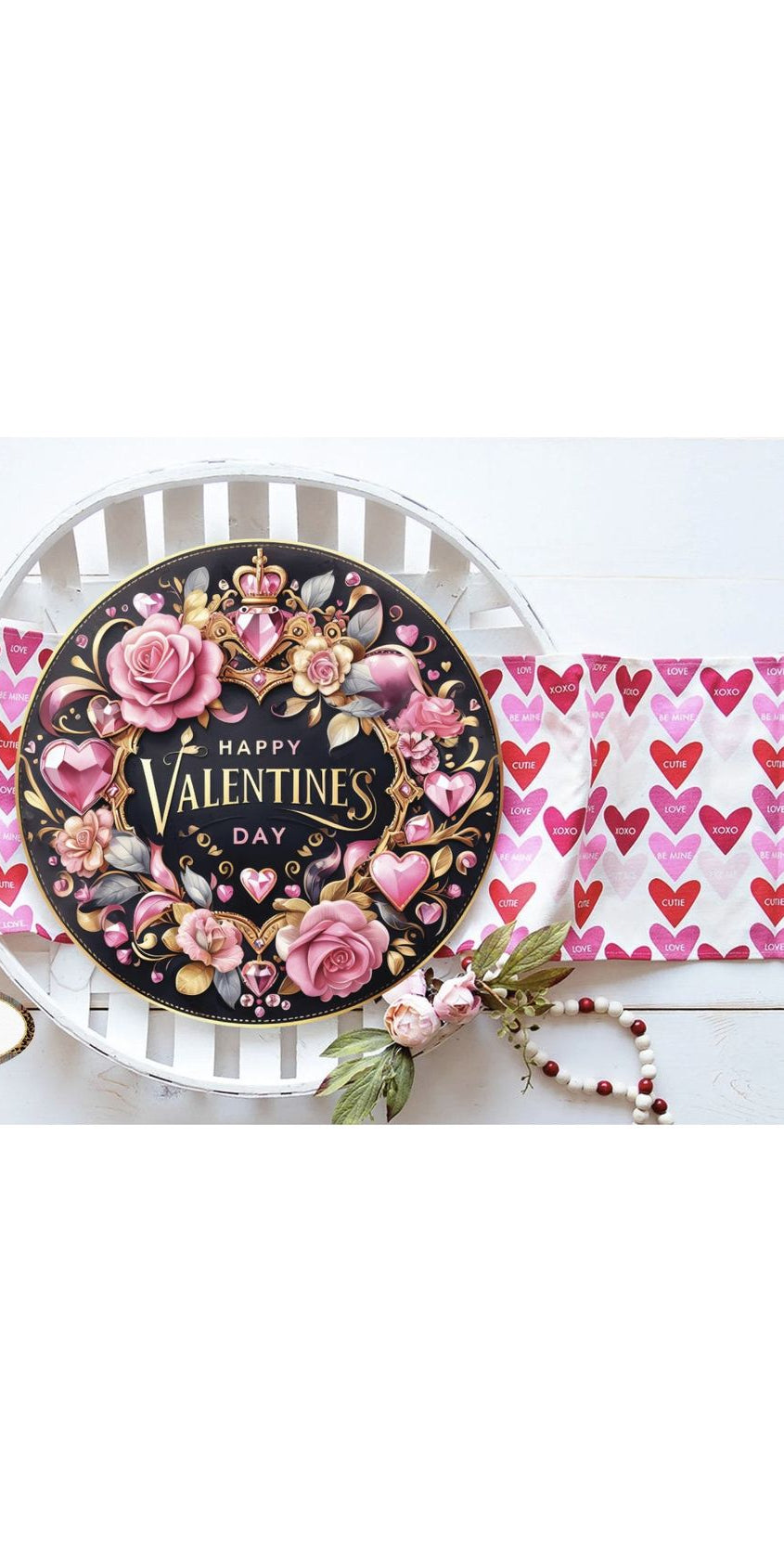 Happy Valentine's Day Pink Gold Sign - Wreath Enhancement - Michelle's aDOORable Creations - Signature Signs