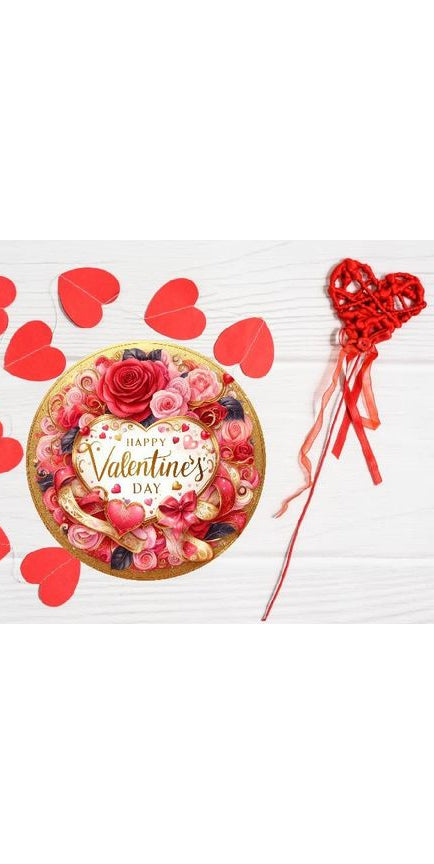 Happy Valentine's Day Red Gold Rose Sign - Wreath Enhancement - Michelle's aDOORable Creations - Signature Signs