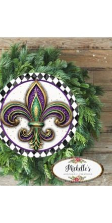 Harlequin Fleur Mardi Gras Round Sign - Wreath Enhancement - Michelle's aDOORable Creations - Signature Signs