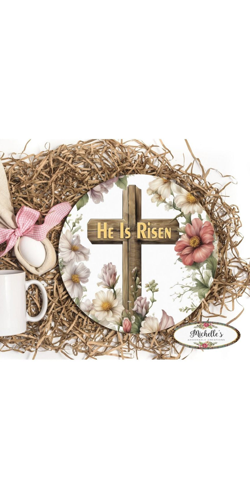 He Is Risen Rugged Cross Round Sign - Michelle's aDOORable Creations - Signature Signs