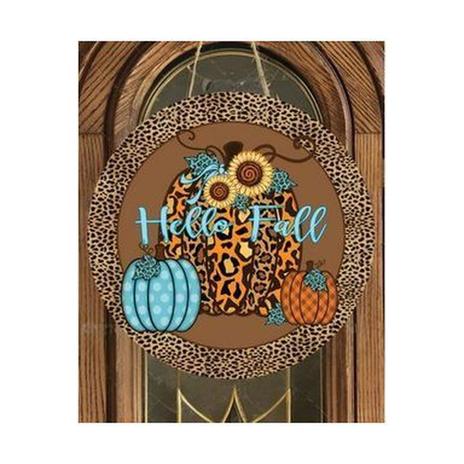 Hello Fall Leopard Animal Print Pumpkin Sign - Wreath Accent Sign