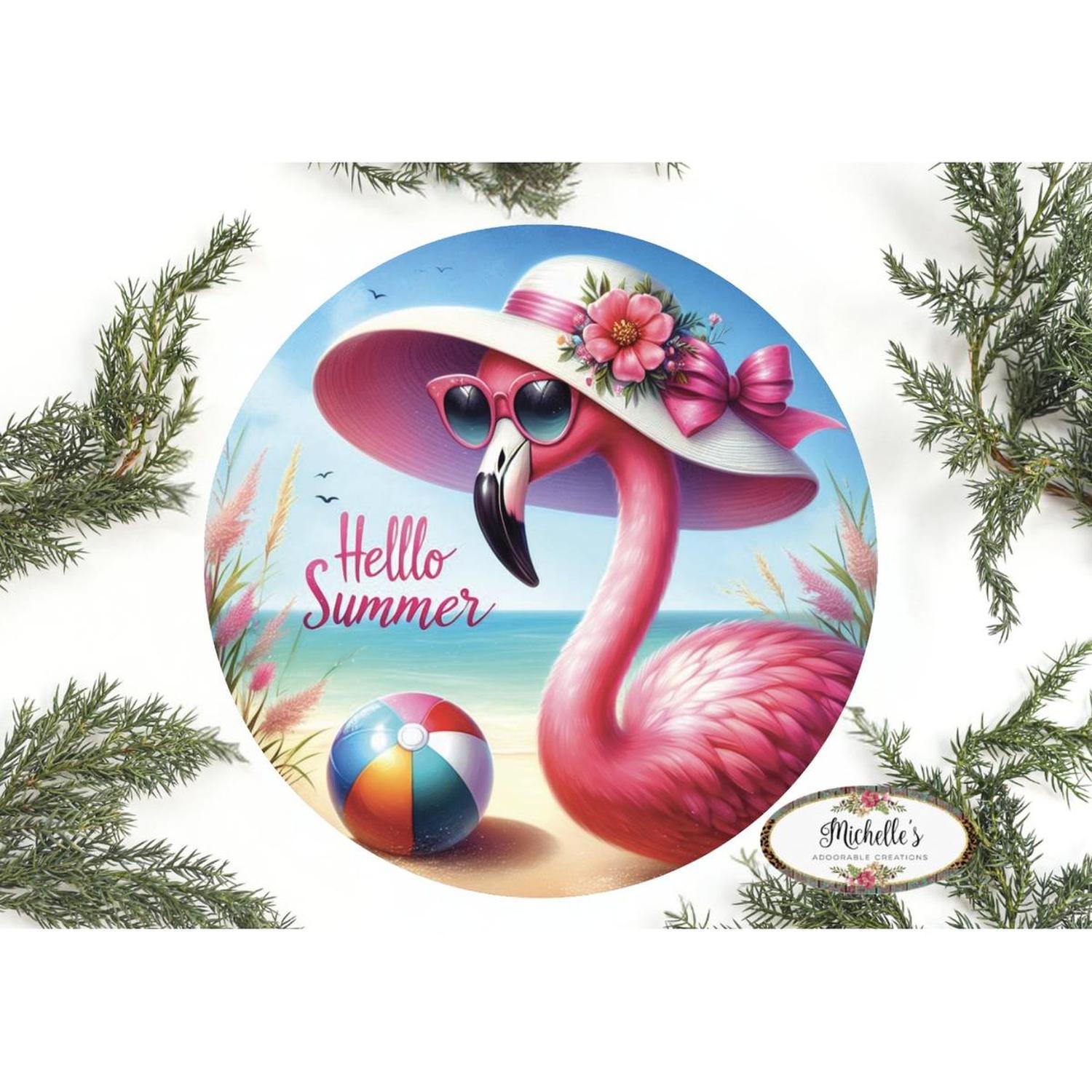 Shop For Hello Summer Pink Flamingo Sign at Michelle's aDOORable Creations