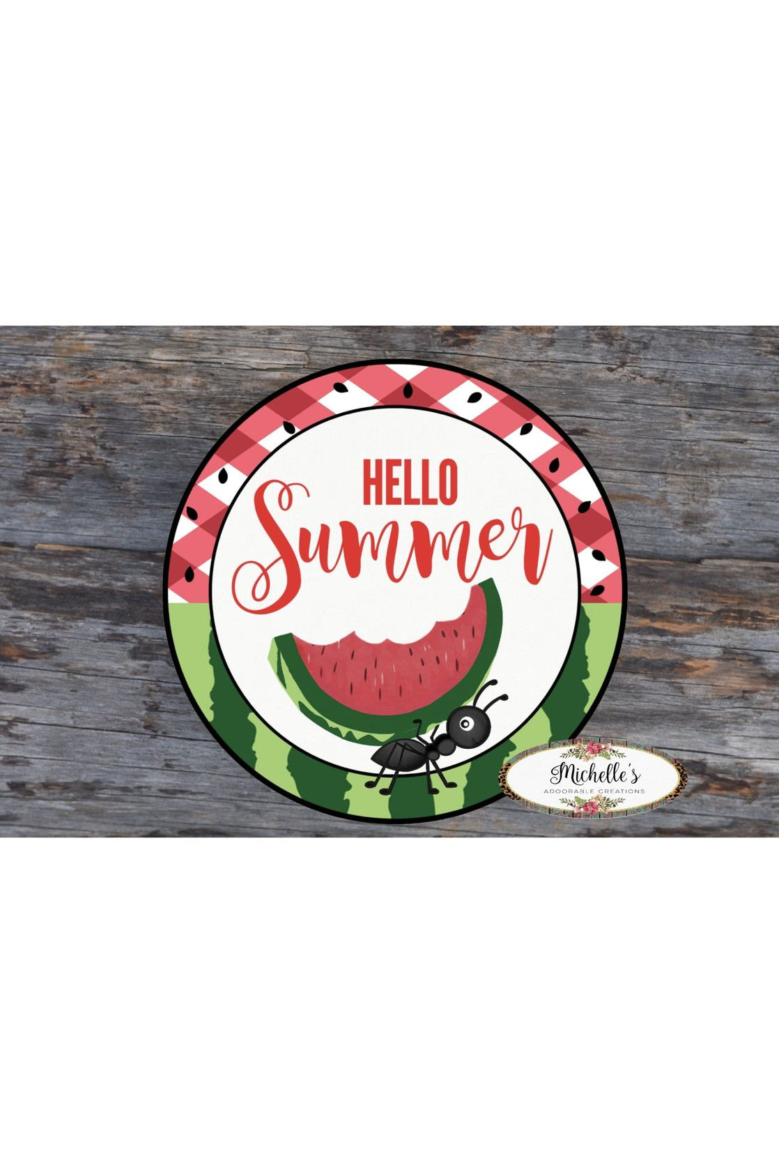 Hello Summer Watermelon Ant Round Sign - Wreath Enhancement - Michelle's aDOORable Creations - Signature Signs