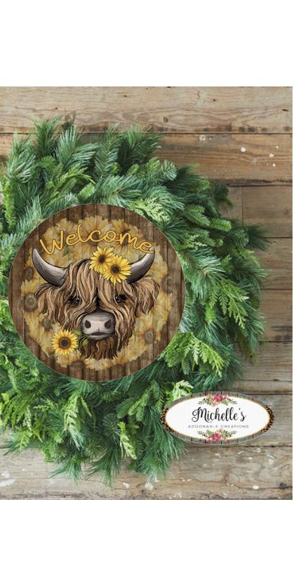Highland Cow Welcome Sunflower Round Sign - Wreath Enhancement - Michelle's aDOORable Creations - Signature Signs