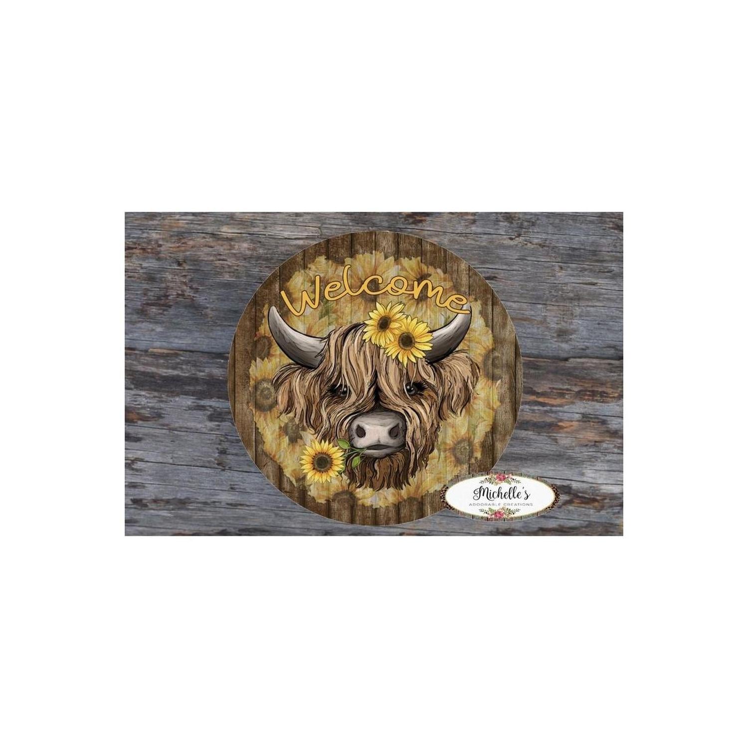 Highland Cow Welcome Sunflower Round Sign