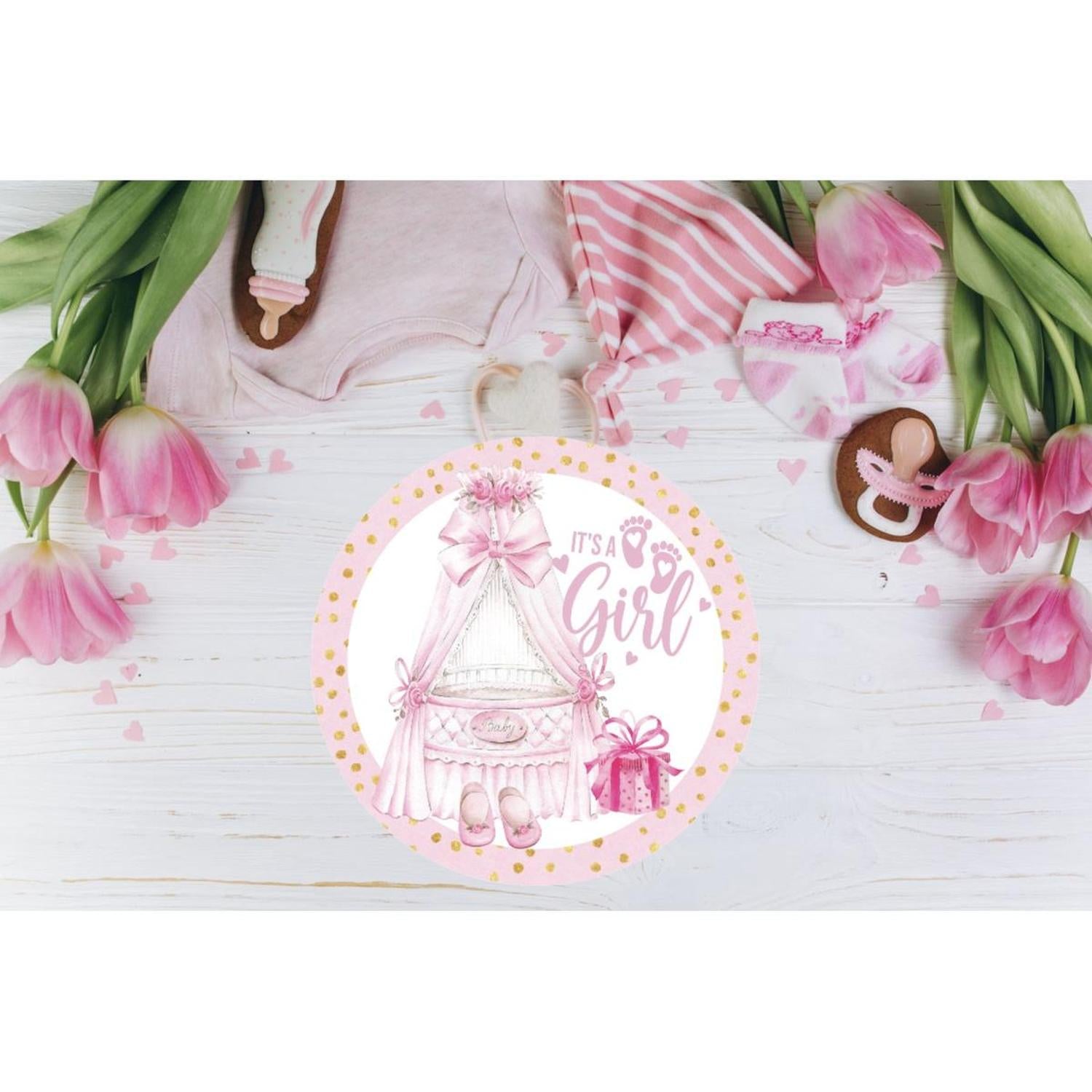 Its a Girl Pink Gold Round Sign