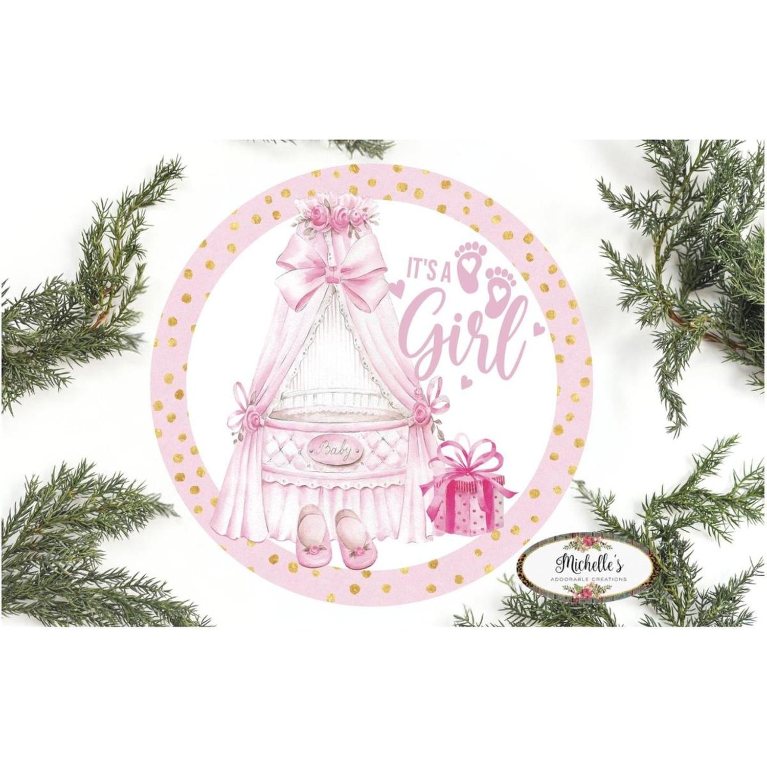 Shop For Its a Girl Pink Gold Round Sign - Wreath Enhancement at Michelle's aDOORable Creations