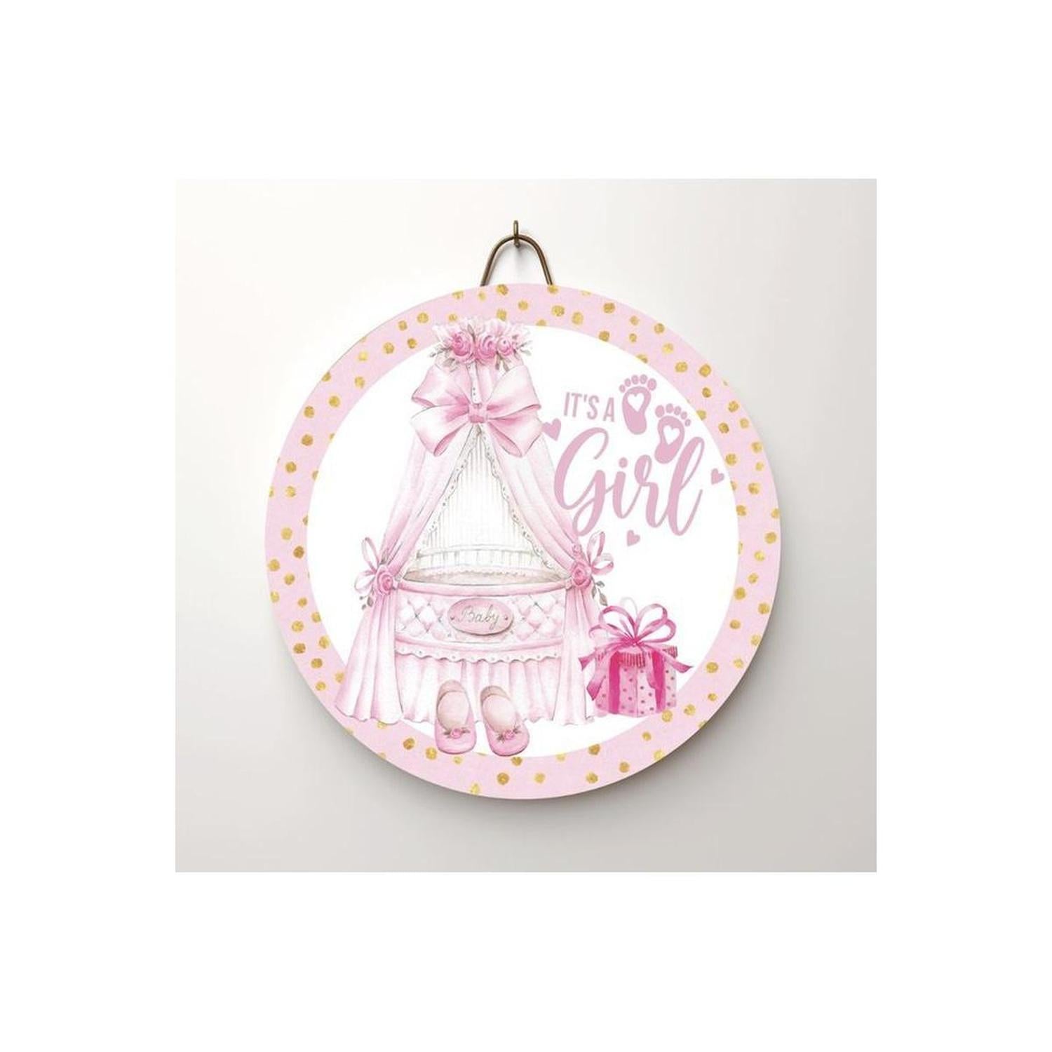 Its a Girl Pink Gold Round Sign