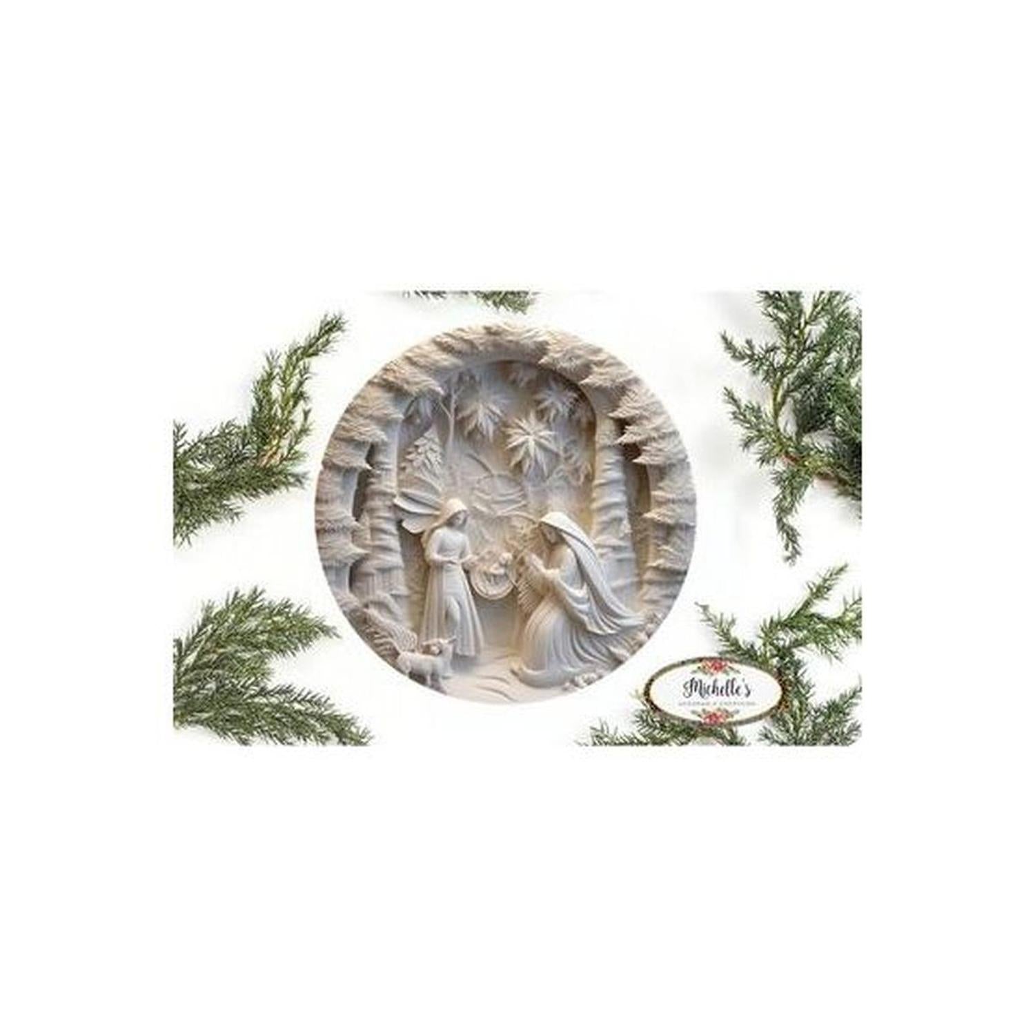 Ivory Carving Christmas Nativity 3D Round Sign - Wreath Enhancement