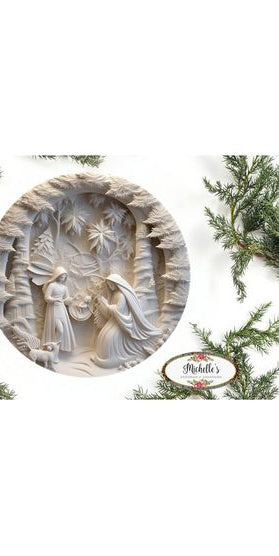 Ivory Carving Christmas Nativity 3D Round Sign - Wreath Enhancement - Michelle's aDOORable Creations - Signature Signs