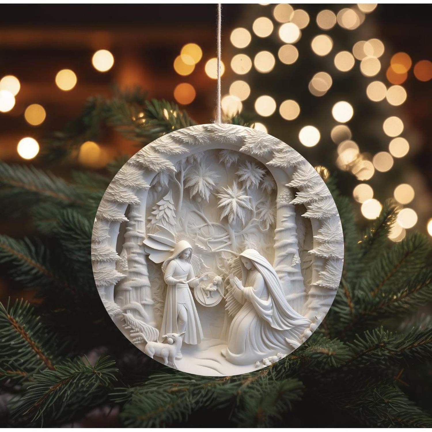 Ivory Carving Christmas Nativity 3D Round Sign - Wreath Enhancement