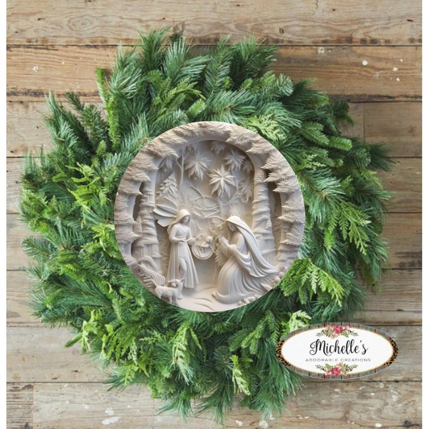 Ivory Carving Christmas Nativity 3D Round Sign - Wreath Enhancement