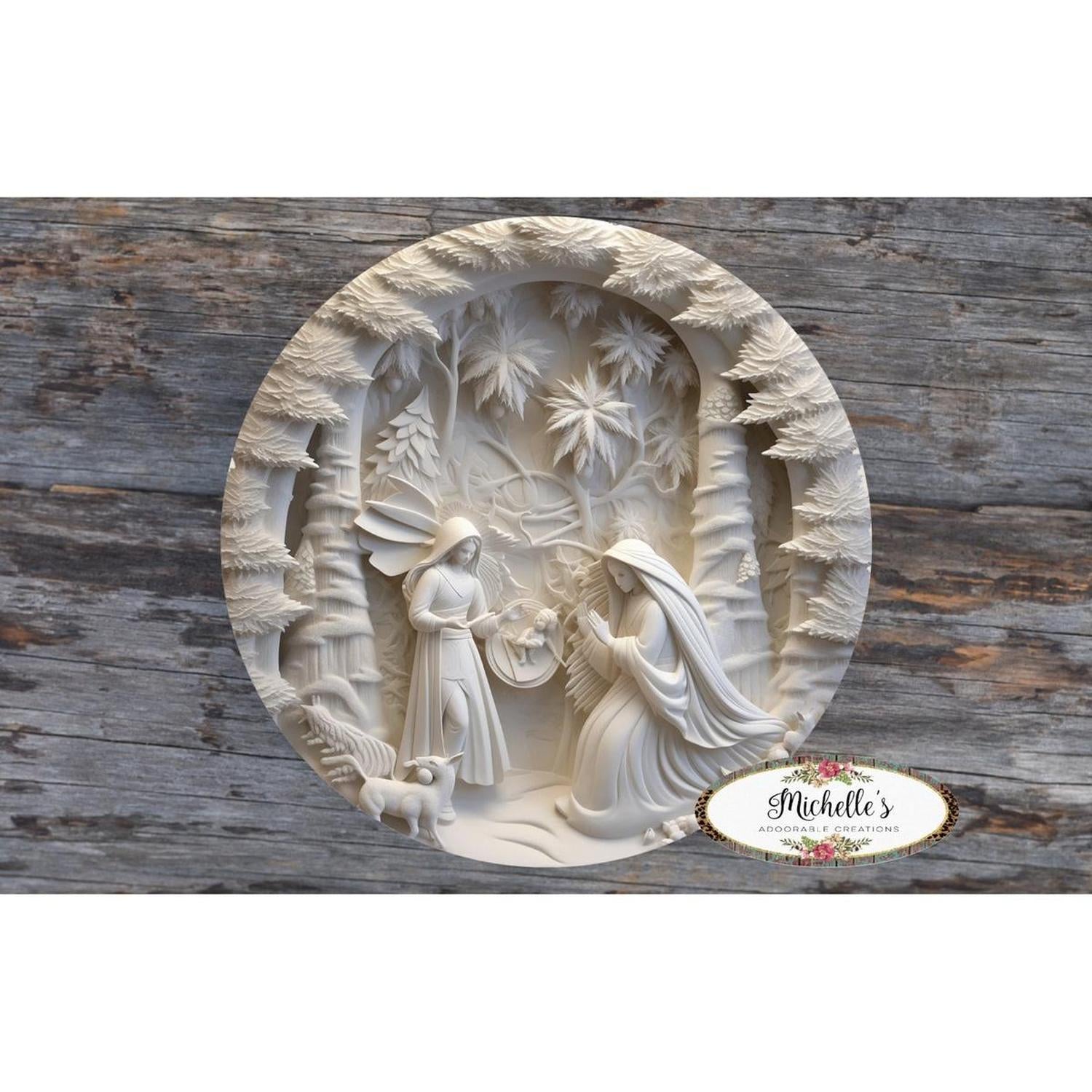 Ivory Carving Christmas Nativity 3D Round Sign - Wreath Enhancement
