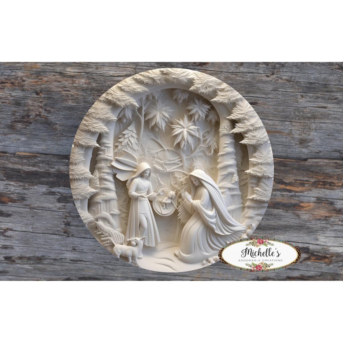 Shop For Ivory Carving Christmas Nativity 3D Round Sign - Wreath Enhancement at Michelle's aDOORable Creations