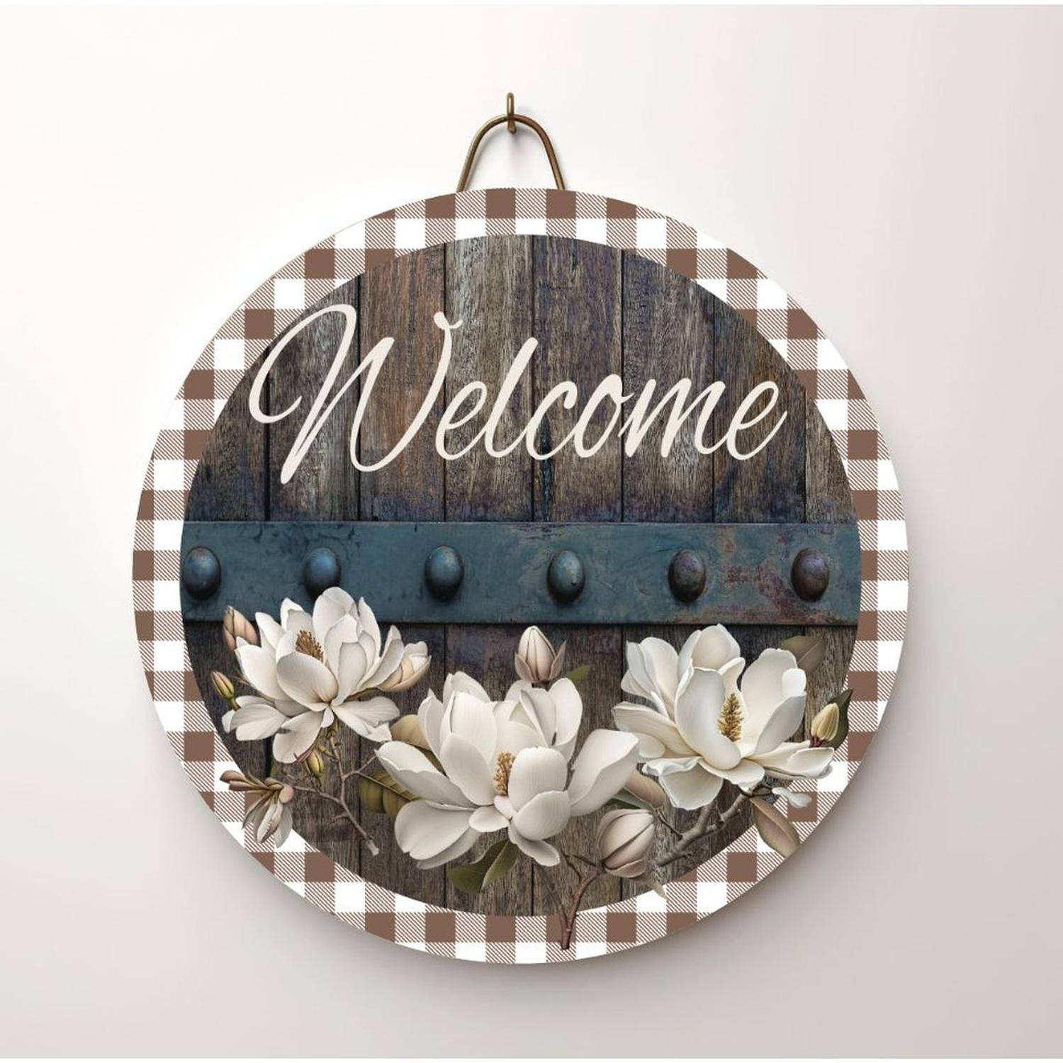 Shop For Magnolia Welcome Wood Round Sign - Wreath Enhancement at Michelle's aDOORable Creations