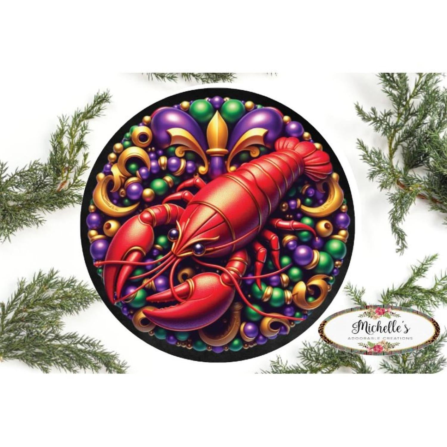 Mardi Gras Crawfish Fleur Round Sign - Wreath Enhancement