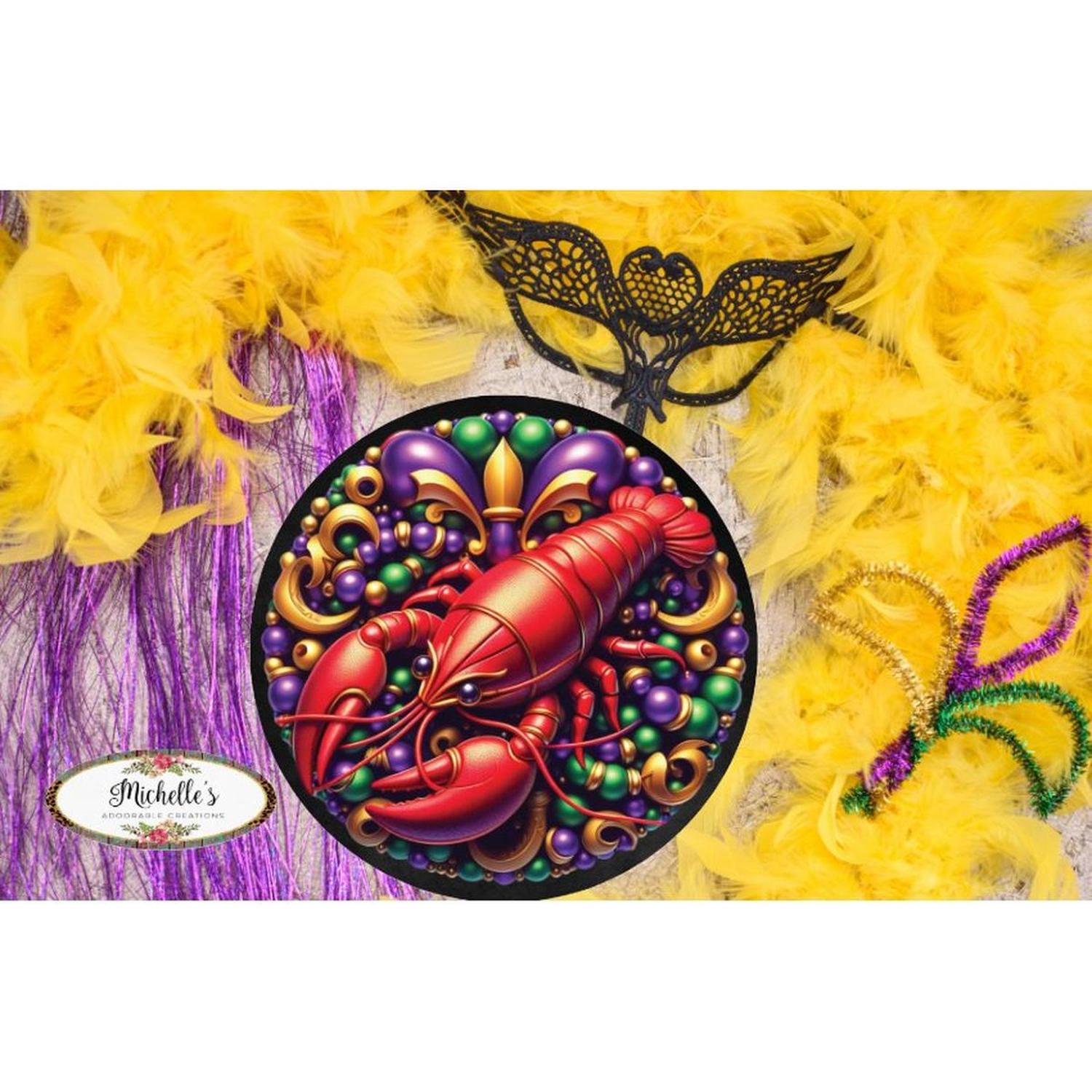 Mardi Gras Crawfish Fleur Round Sign - Wreath Enhancement