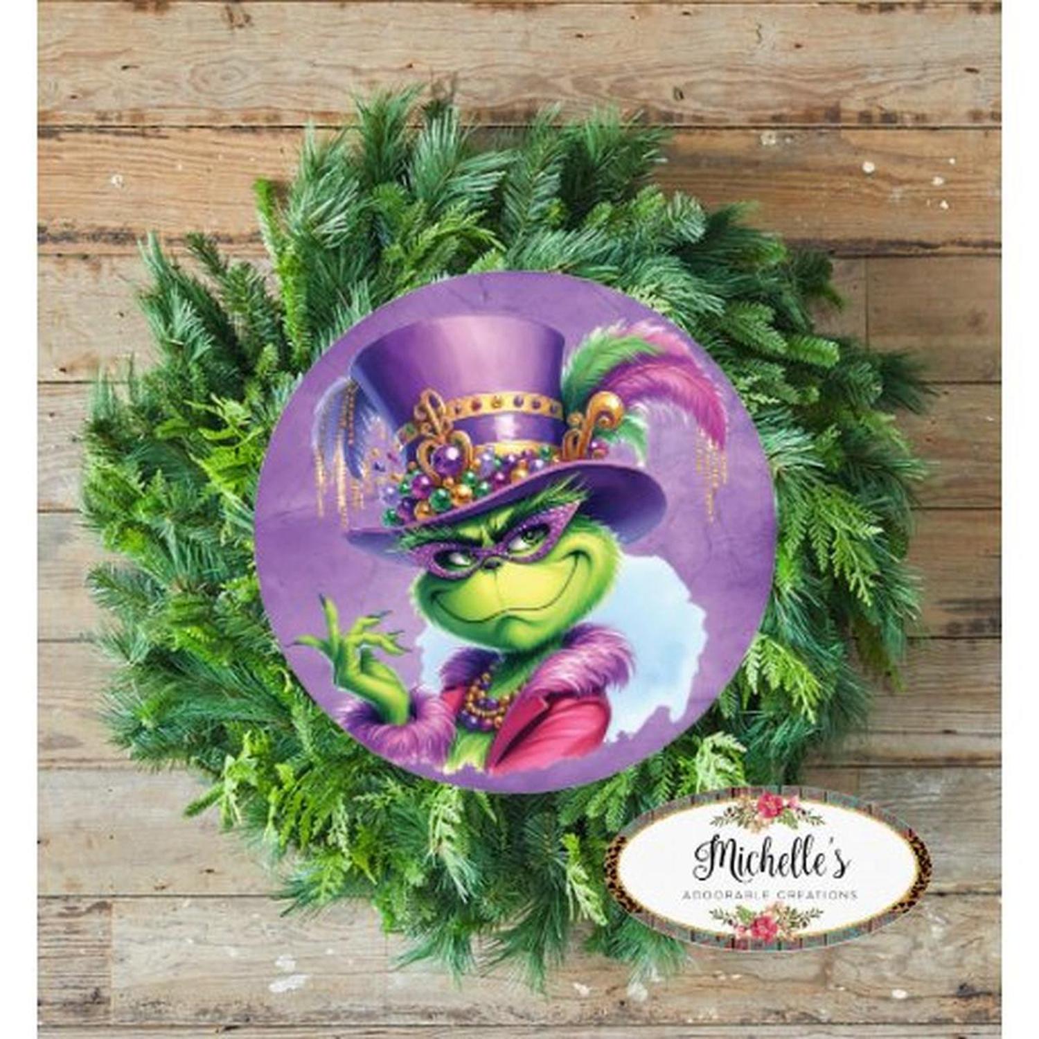 Mardi Gras Green Monster Round Sign - Wreath Enhancement