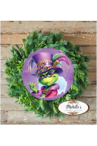 Mardi Gras Green Monster Round Sign - Wreath Enhancement - Michelle's aDOORable Creations - Signature Signs