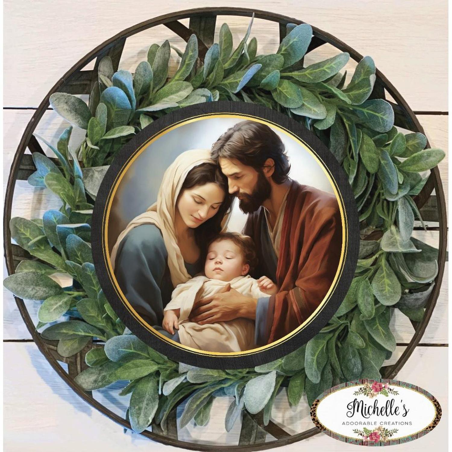 Mary and Joseph Nativity Round Sign - Wreath Enhancement