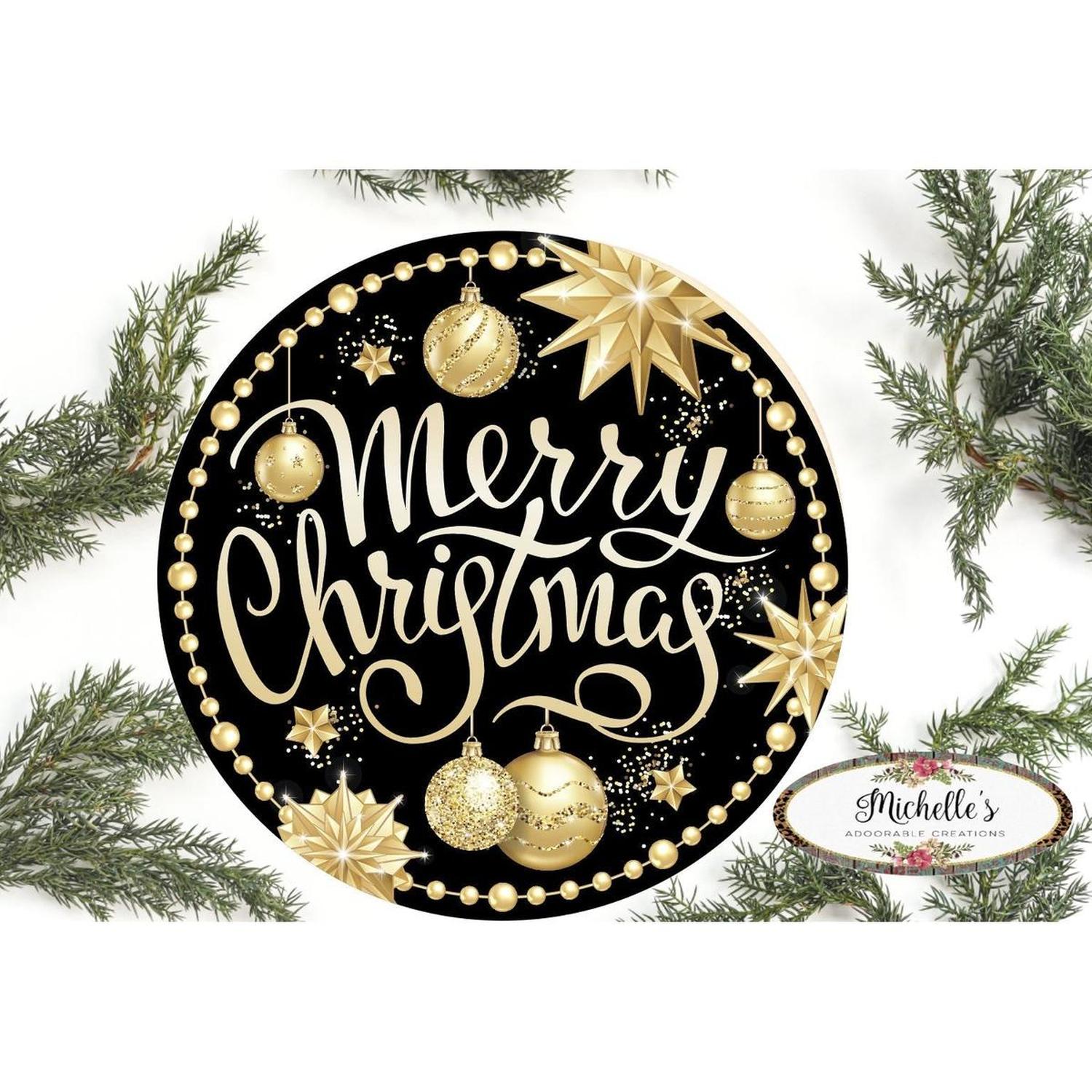 Merry Christmas Black Gold Round Sign