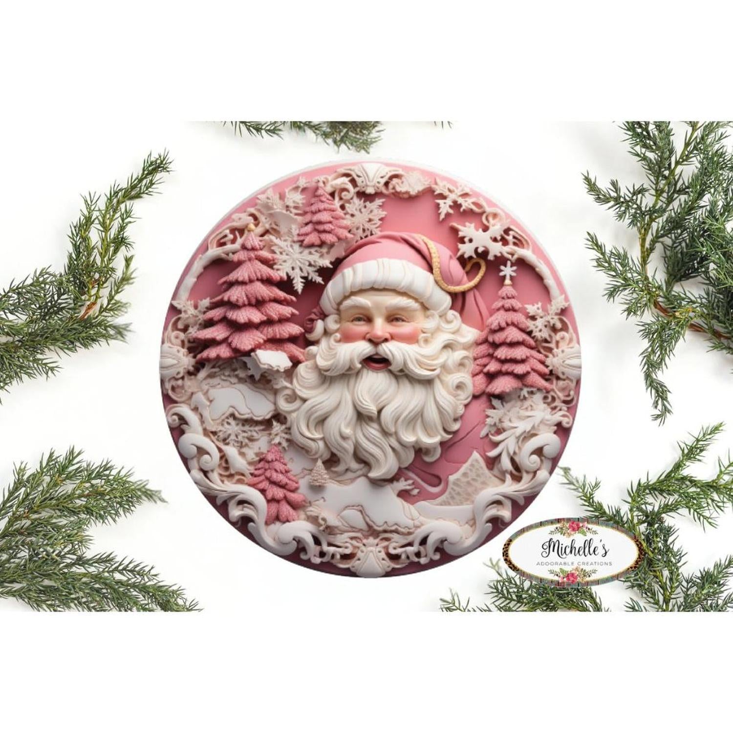 Pink 3D Santa Christmas Sign - Wreath Enhancement
