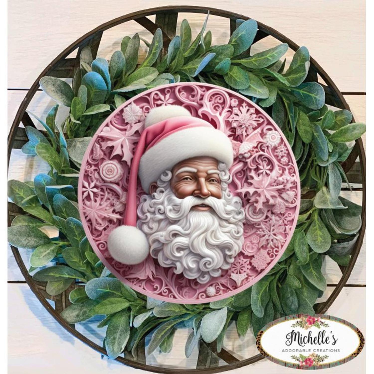 Pink African American Faux 3D Santa Sign - Wreath Enhancement