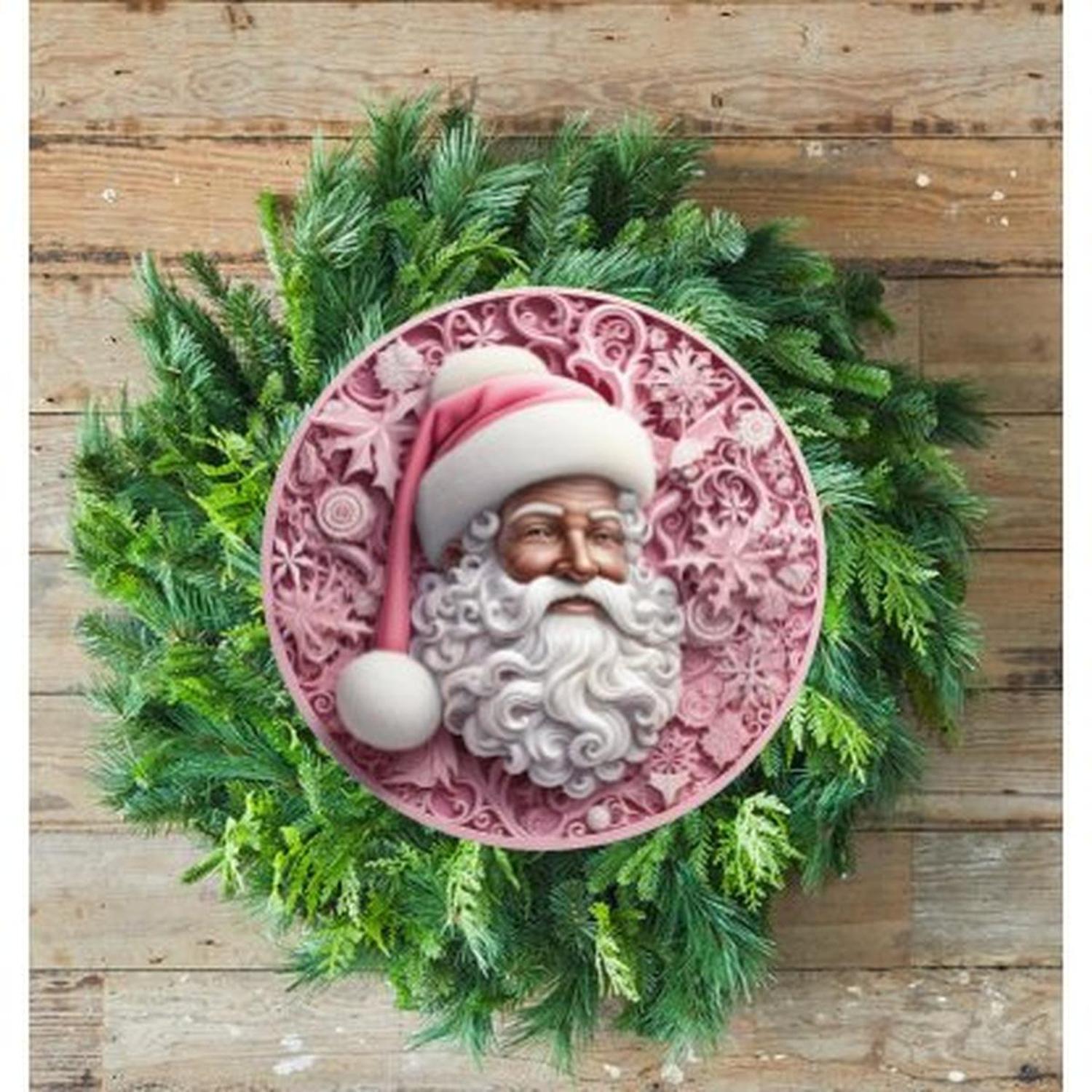 Pink African American Faux 3D Santa Sign - Wreath Enhancement