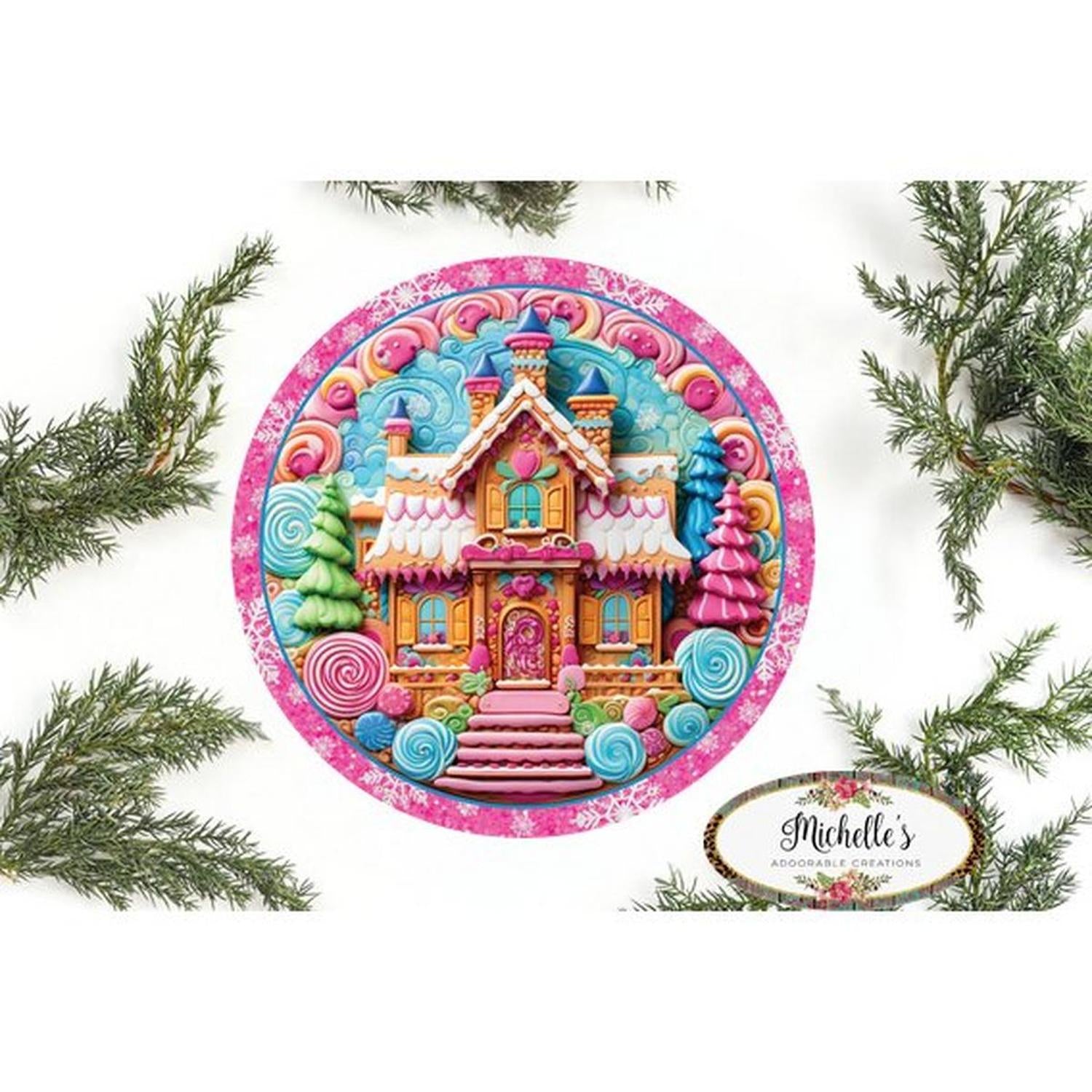 Pink Candy Gingerbread Cookie House Faux 3D Sign - Wreath Enhancement