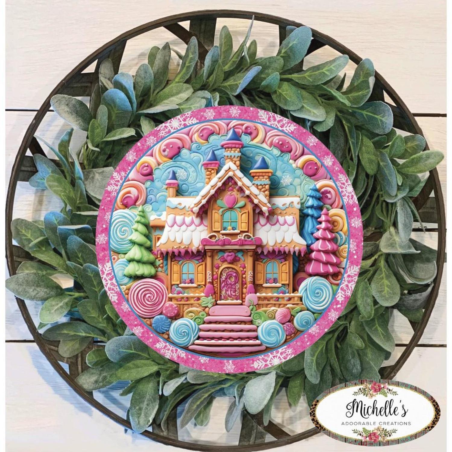 Shop For Pink Candy Gingerbread Cookie House Faux 3D Sign - Wreath Enhancement at Michelle's aDOORable Creations