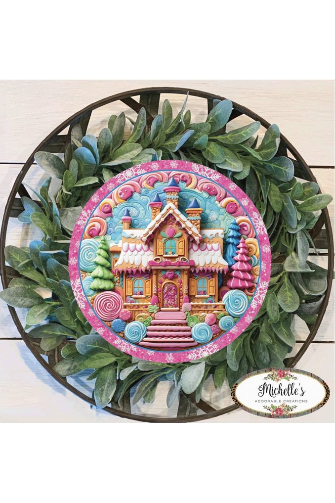 Shop For Pink Candy Gingerbread Cookie House Faux 3D Sign - Wreath Enhancement