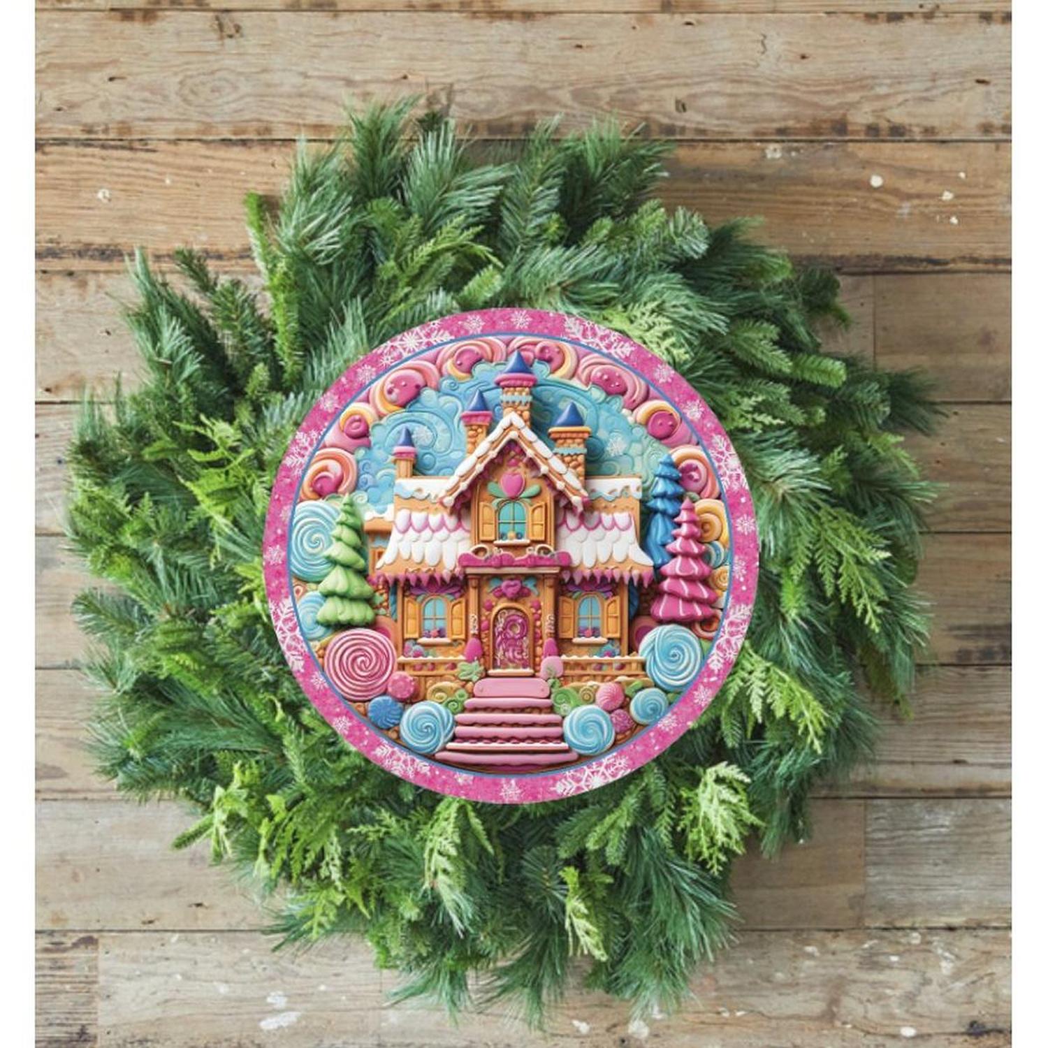 Pink Candy Gingerbread Cookie House Faux 3D Sign - Wreath Enhancement