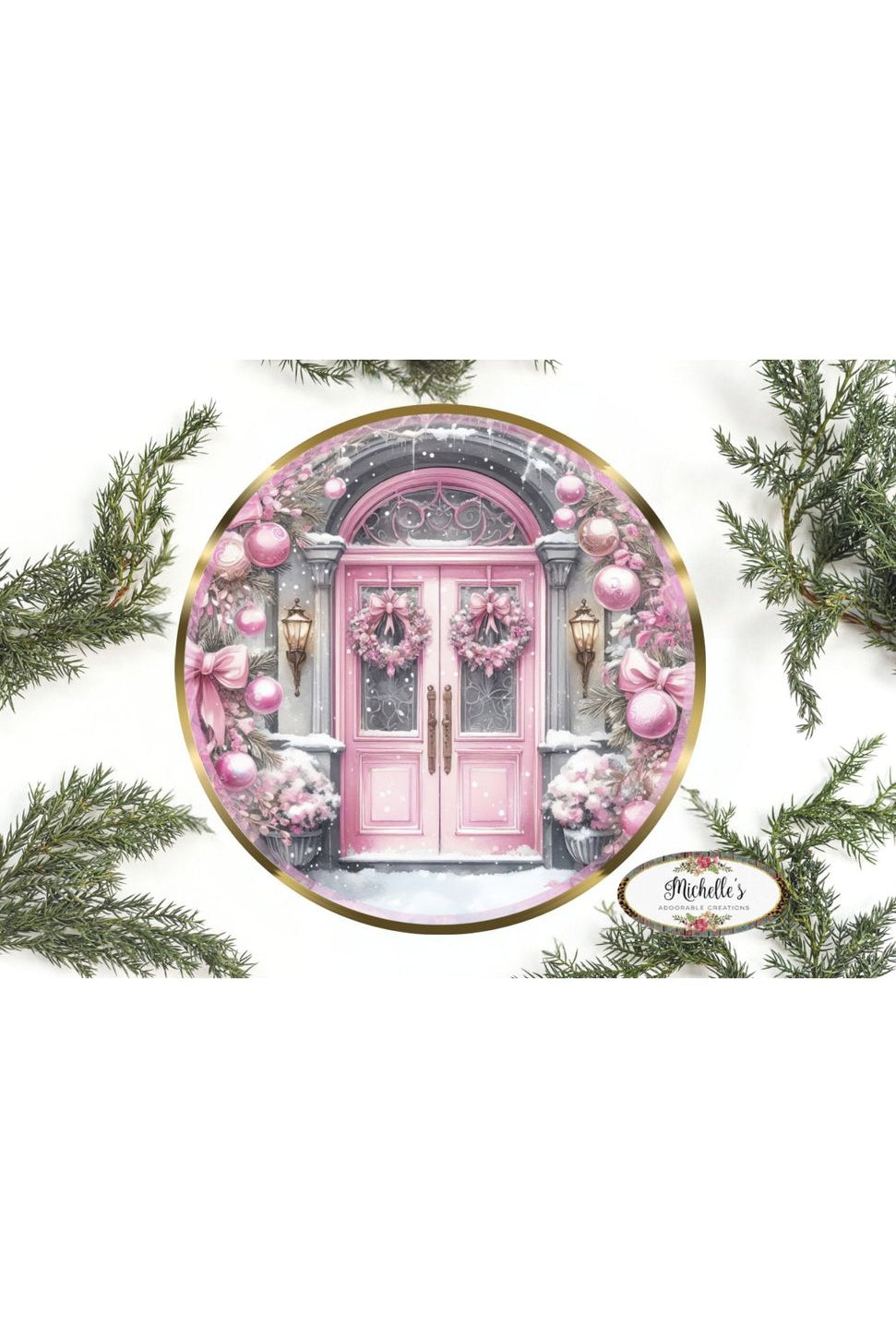 Pink Christmas Door Round Sign - Wreath Enhancement - Michelle's aDOORable Creations - Signature Signs