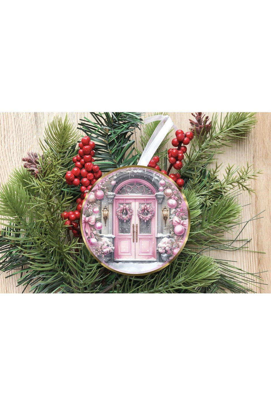Pink Christmas Door Round Sign - Wreath Enhancement - Michelle's aDOORable Creations - Signature Signs