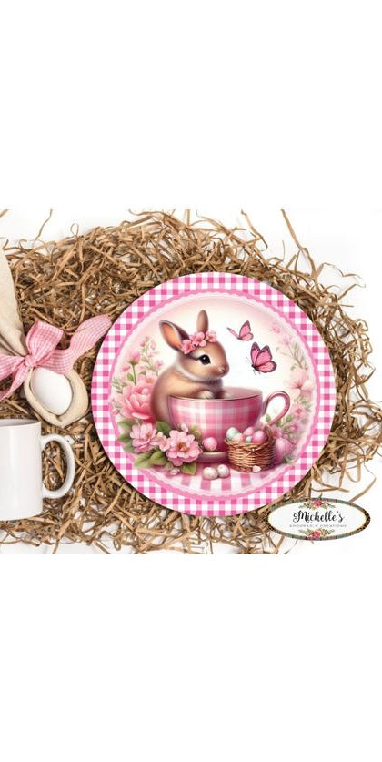 Pink Plaid Check Easter Spring Bunny Teacup Sign - Michelle's aDOORable Creations - Signature Signs