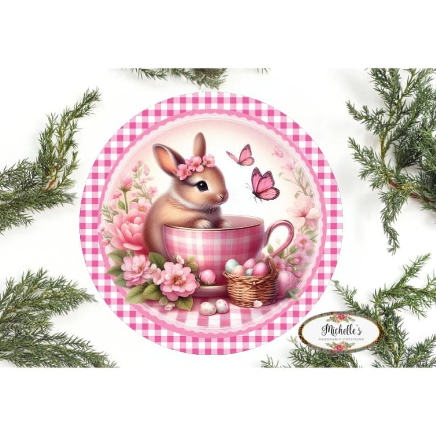 Pink Plaid Check Easter Spring Bunny Teacup Sign