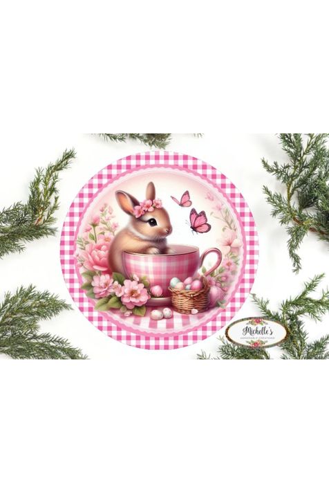 Pink Plaid Check Easter Spring Bunny Teacup Sign - Michelle's aDOORable Creations - Signature Signs
