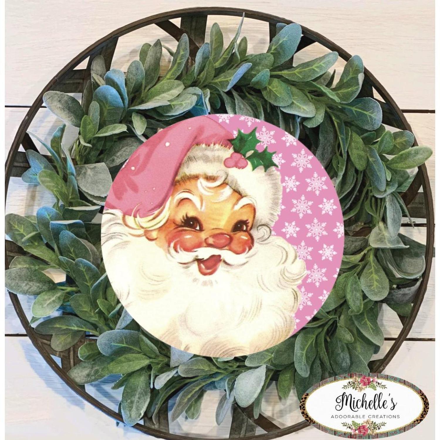 Pink Snowflakes Vintage Santa Christmas Sign