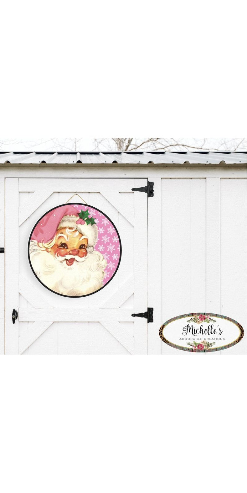 Pink Snowflakes Vintage Santa Christmas Sign - Wreath Enhancement - Michelle's aDOORable Creations - Signature Signs