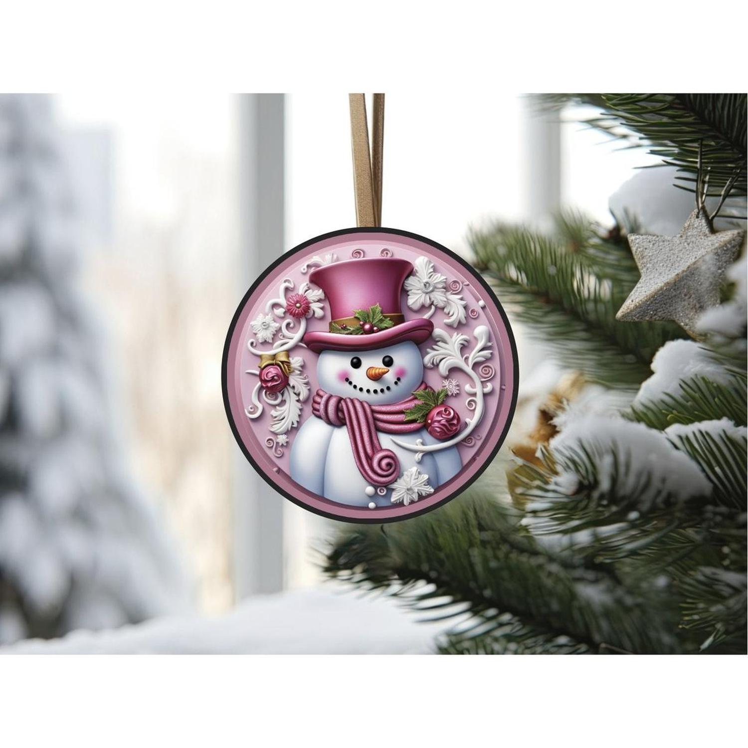 Pink Snowman Top Hat Round Sign - Wreath Enhancement