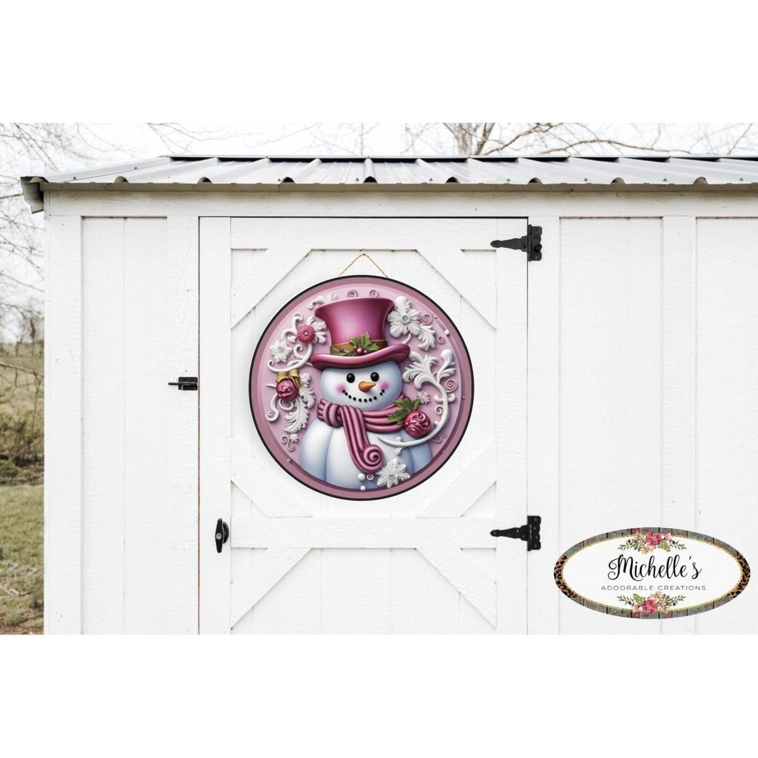 Pink Snowman Top Hat Round Sign - Wreath Enhancement