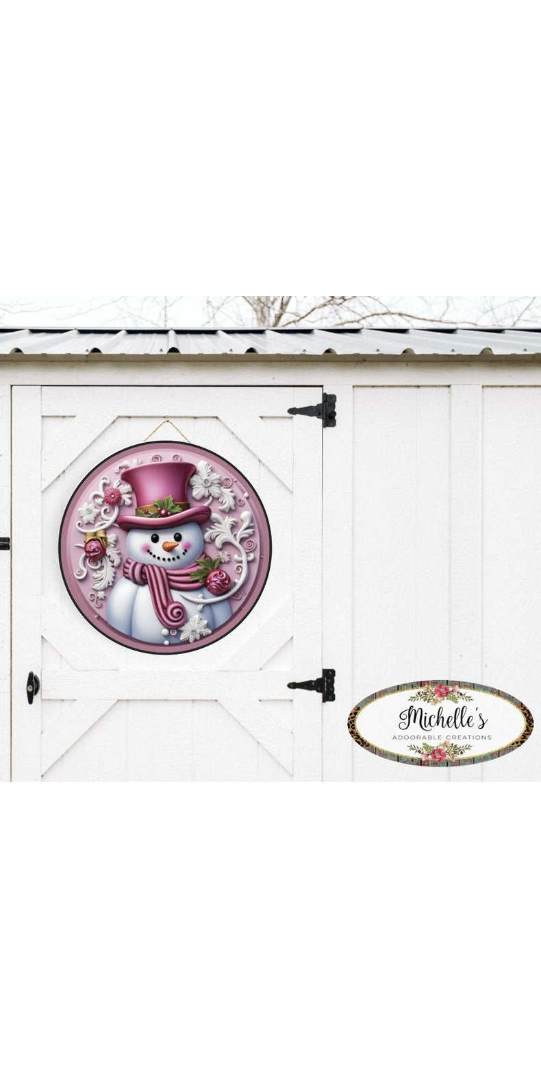 Pink Snowman Top Hat Round Sign - Wreath Enhancement - Michelle's aDOORable Creations - Signature Signs