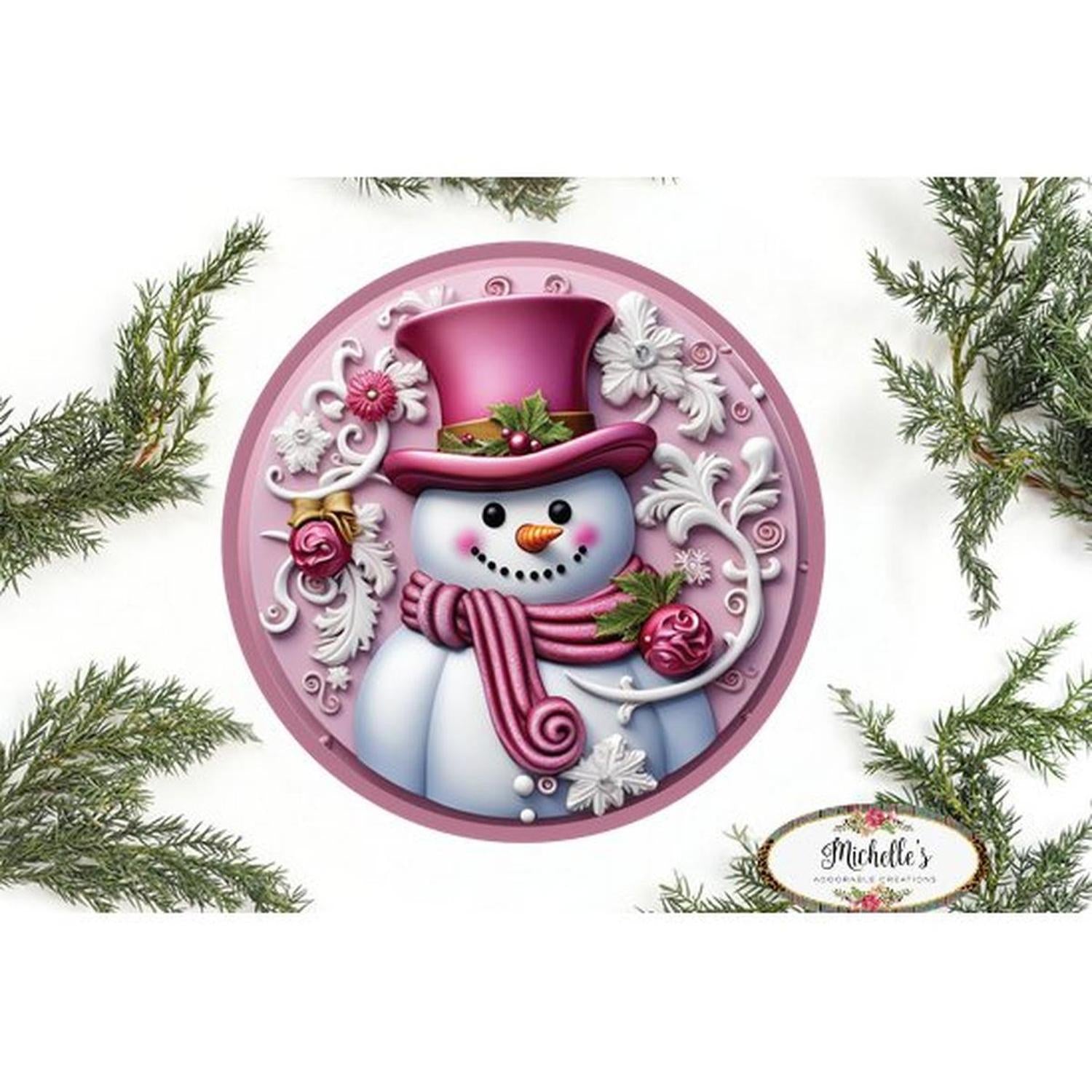 Pink Snowman Top Hat Round Sign - Wreath Enhancement