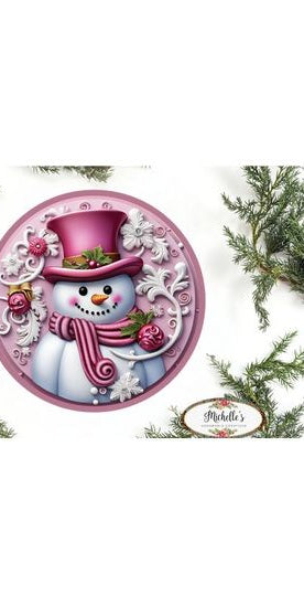 Pink Snowman Top Hat Round Sign - Wreath Enhancement - Michelle's aDOORable Creations - Signature Signs