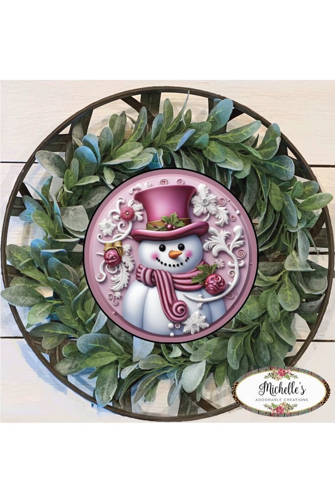 Shop For Pink Snowman Top Hat Round Sign - Wreath Enhancement