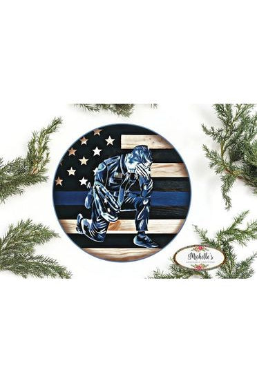 Police Officer Thin Blue Line Round Sign - Wreath Enhancement - Michelle's aDOORable Creations - Signature Signs